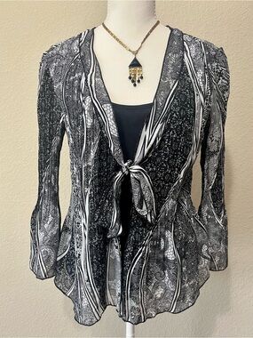 Allison Taylor Black & White Tie-Front Sheer Blouse -